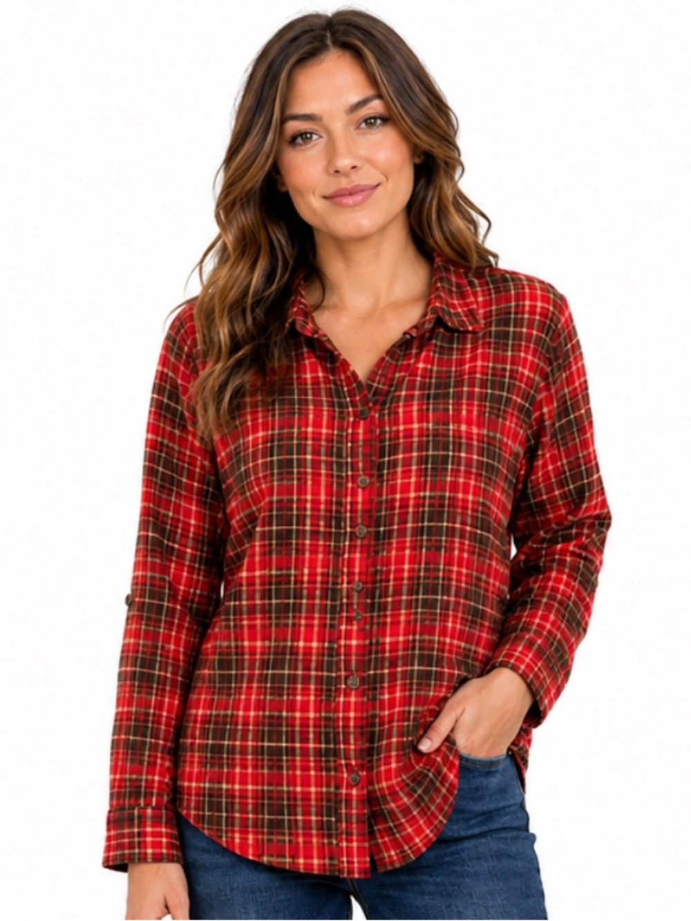 L.L.Bean Outdoors Plaid Flannel Button Shirt Red Brown Cotton — Size M